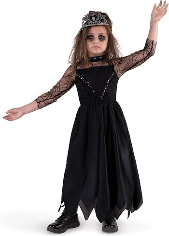 أزياء الهالوين للأطفال من Spooktacular Creations، زي الأميرة للفتيات، فستان أسود مع تاج للهالوين in Saudi Arabia