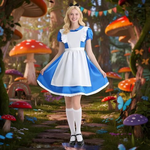 زي الهالوين للبالغين للنساء فستان أزرق للحفلات التنكرية مع جوارب عصابة الرأس in Kuwait