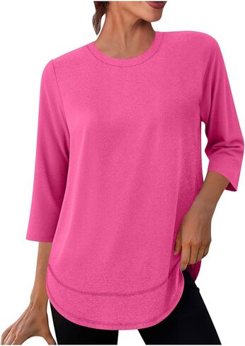 3/4 Sleeve Womens Tops Lightweight Quick Dry Casual Crewneck Athletic Workout T Shirts Solid Color Loose Blouse in Saudi Arabia