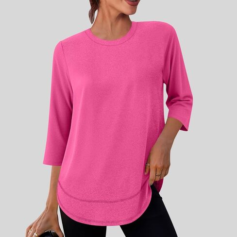3/4 Sleeve Womens Tops Lightweight Quick Dry Casual Crewneck Athletic Workout T Shirts Solid Color Loose Blouse in Saudi Arabia
