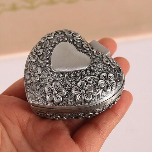 1PC Classic Vintage Antique Heart Shape Jewelry Box Ring Small Trinket Jewellery Storage Organiser Chest Christmas Gift, Silver in Saudi Arabia