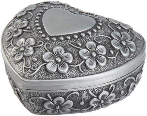1PC Classic Vintage Antique Heart Shape Jewelry Box Ring Small Trinket Jewellery Storage Organiser Chest Christmas Gift, Silver in Saudi Arabia