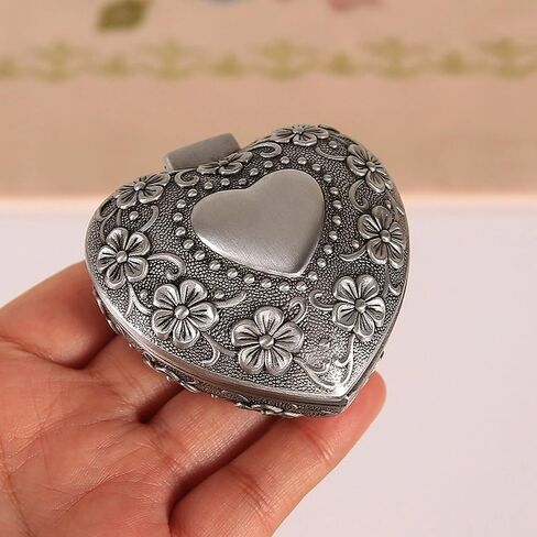 1PC Classic Vintage Antique Heart Shape Jewelry Box Ring Small Trinket Jewellery Storage Organiser Chest Christmas Gift, Silver in Saudi Arabia