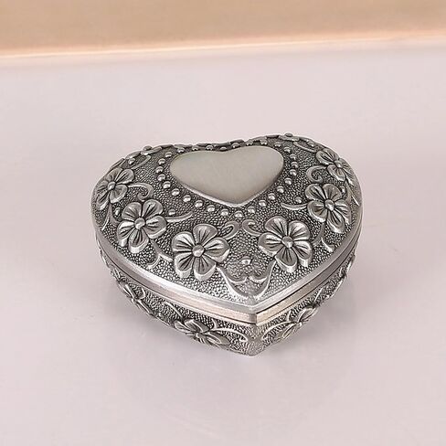 1PC Classic Vintage Antique Heart Shape Jewelry Box Ring Small Trinket Jewellery Storage Organiser Chest Christmas Gift, Silver in Saudi Arabia