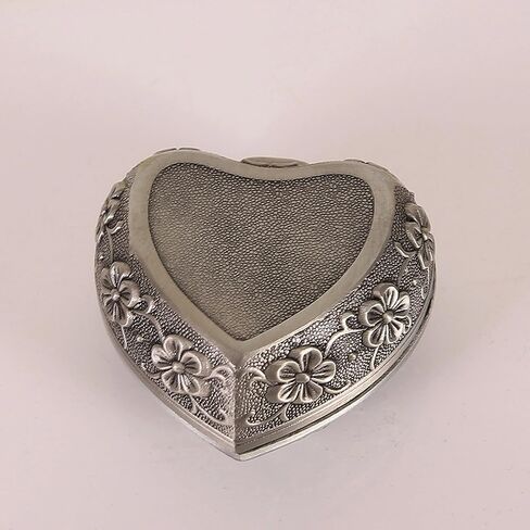 1PC Classic Vintage Antique Heart Shape Jewelry Box Ring Small Trinket Jewellery Storage Organiser Chest Christmas Gift, Silver in Saudi Arabia