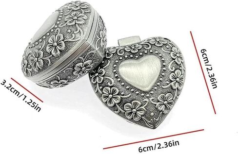 1PC Classic Vintage Antique Heart Shape Jewelry Box Ring Small Trinket Jewellery Storage Organiser Chest Christmas Gift, Silver in Saudi Arabia