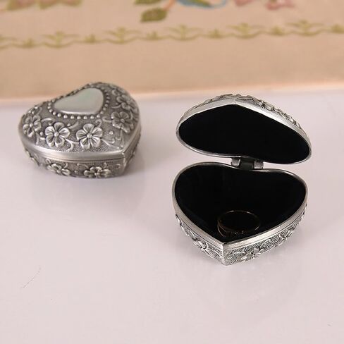 1PC Classic Vintage Antique Heart Shape Jewelry Box Ring Small Trinket Jewellery Storage Organiser Chest Christmas Gift, Silver in Saudi Arabia