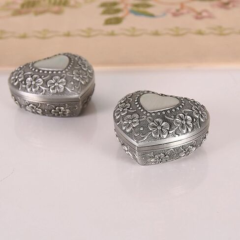1PC Classic Vintage Antique Heart Shape Jewelry Box Ring Small Trinket Jewellery Storage Organiser Chest Christmas Gift, Silver in Saudi Arabia