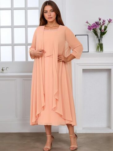 2 Piece Mother of The Bride Dresses-Scoop Neck Chiffon Ruffles Corset Back with Jacket for Women in Saudi Arabia