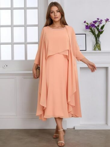 2 Piece Mother of The Bride Dresses-Scoop Neck Chiffon Ruffles Corset Back with Jacket for Women in Saudi Arabia