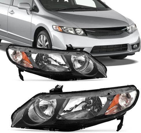 Headlights Assembly Compatible with 2006-2011 Honda Civic Sedan 4dr - Chrome Housing, Amber Reflector - Headlamp Replacement for Civic 2006-2011 - Driver and Passenger Side Included in Saudi Arabia