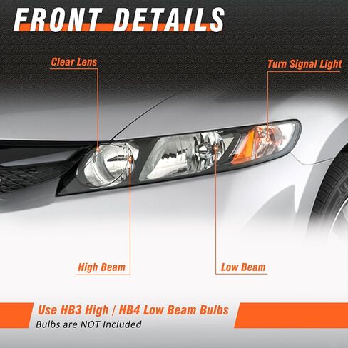 Headlights Assembly Compatible with 2006-2011 Honda Civic Sedan 4dr - Chrome Housing, Amber Reflector - Headlamp Replacement for Civic 2006-2011 - Driver and Passenger Side Included in Saudi Arabia