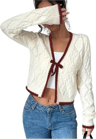 GORGLITTER Women's Tie Front Cropped Cardigan Dressy Fall Sweaters Long Sleeve Knit Crochet Tops in Saudi Arabia