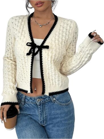 GORGLITTER Women's Tie Front Cropped Cardigan Dressy Fall Sweaters Long Sleeve Knit Crochet Tops in Saudi Arabia