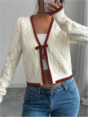 GORGLITTER Women's Tie Front Cropped Cardigan Dressy Fall Sweaters Long Sleeve Knit Crochet Tops in Saudi Arabia