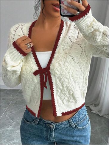GORGLITTER Women's Tie Front Cropped Cardigan Dressy Fall Sweaters Long Sleeve Knit Crochet Tops in Saudi Arabia