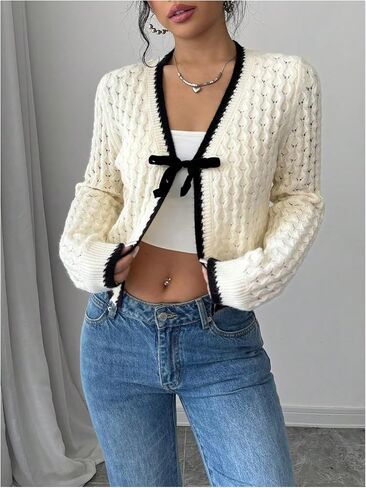 GORGLITTER Women's Tie Front Cropped Cardigan Dressy Fall Sweaters Long Sleeve Knit Crochet Tops in Saudi Arabia