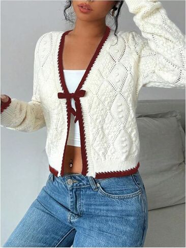 GORGLITTER Women's Tie Front Cropped Cardigan Dressy Fall Sweaters Long Sleeve Knit Crochet Tops in Saudi Arabia