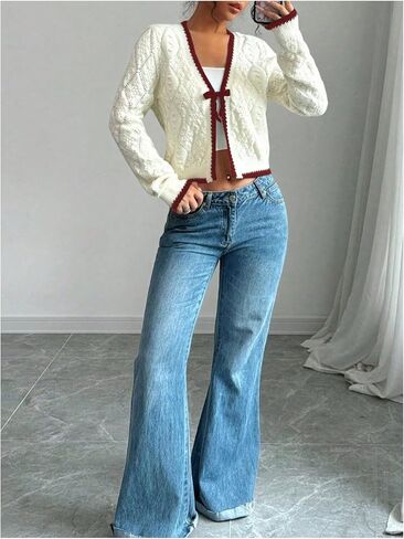 GORGLITTER Women's Tie Front Cropped Cardigan Dressy Fall Sweaters Long Sleeve Knit Crochet Tops in Saudi Arabia