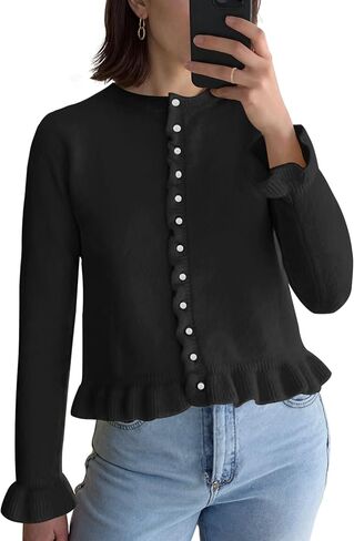 Women Ruffle Cardigan Sweaters Button Up Cropped Long Sleeve Solid Knit Cardigan Casual Crewneck Sweater Outwear in Saudi Arabia