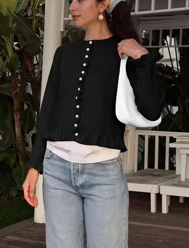 Women Ruffle Cardigan Sweaters Button Up Cropped Long Sleeve Solid Knit Cardigan Casual Crewneck Sweater Outwear in Saudi Arabia