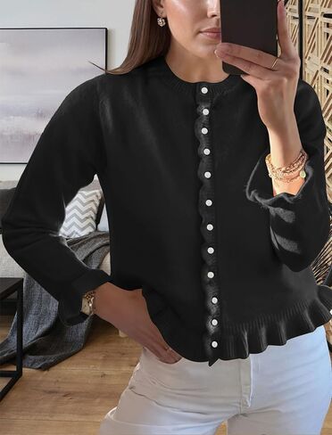 Women Ruffle Cardigan Sweaters Button Up Cropped Long Sleeve Solid Knit Cardigan Casual Crewneck Sweater Outwear in Saudi Arabia