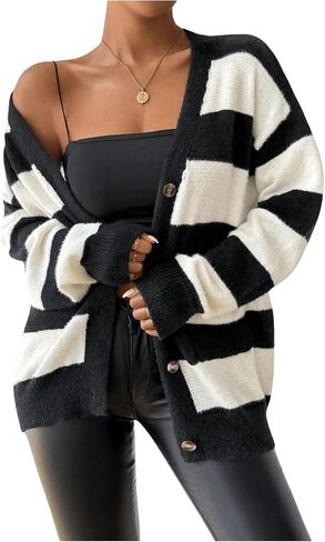 SHENHE Women's Striped V Neck Button Down Knit Cardigans Color Block Vintage Sweater with Pocket in Saudi Arabia