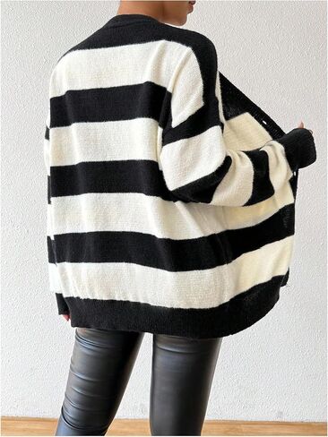 SHENHE Women's Striped V Neck Button Down Knit Cardigans Color Block Vintage Sweater with Pocket in Saudi Arabia