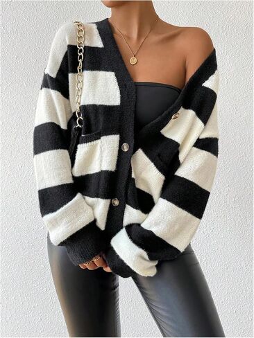 SHENHE Women's Striped V Neck Button Down Knit Cardigans Color Block Vintage Sweater with Pocket in Saudi Arabia