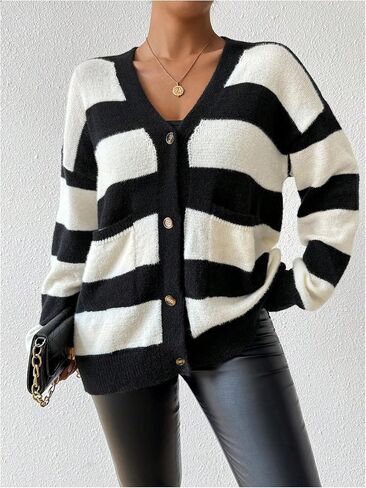 SHENHE Women's Striped V Neck Button Down Knit Cardigans Color Block Vintage Sweater with Pocket in Saudi Arabia