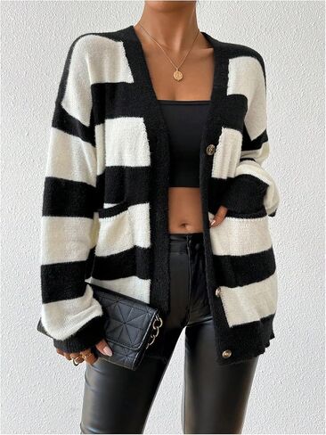 SHENHE Women's Striped V Neck Button Down Knit Cardigans Color Block Vintage Sweater with Pocket in Saudi Arabia