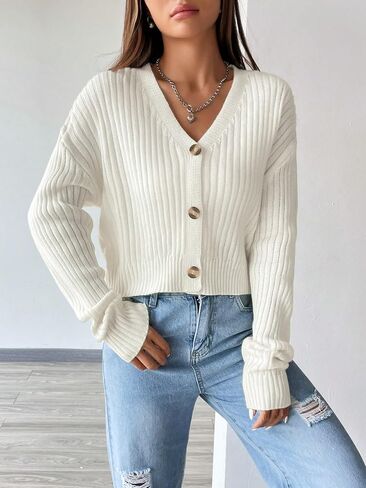 Milumia Women's Button Down Cropped Cardigan Ribbed Long Sleeve Loose Sweater Knitwear in Saudi Arabia
