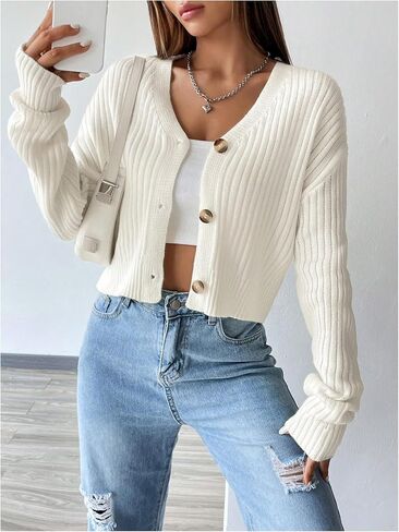 Milumia Women's Button Down Cropped Cardigan Ribbed Long Sleeve Loose Sweater Knitwear in Saudi Arabia