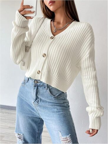 Milumia Women's Button Down Cropped Cardigan Ribbed Long Sleeve Loose Sweater Knitwear in Saudi Arabia