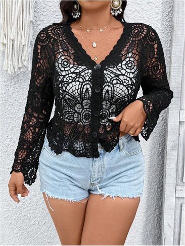 Women's Plus Size Hollow Out Cardigan Button Down Long Sleeve Knit Sweaters Outerwear Casual Knitwear in Saudi Arabia
