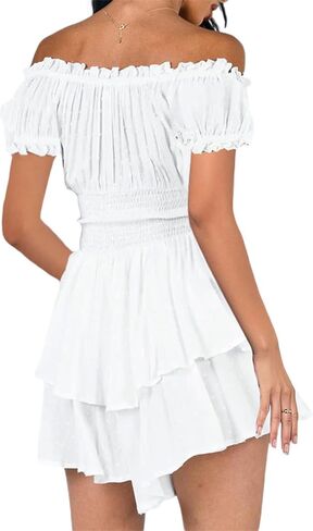 Women Pirate Romper Dress Flowy Ruffle Off-Shoulder Smocked Waist Party Dress with Shorts Jumpsuit Dresses in Kuwait