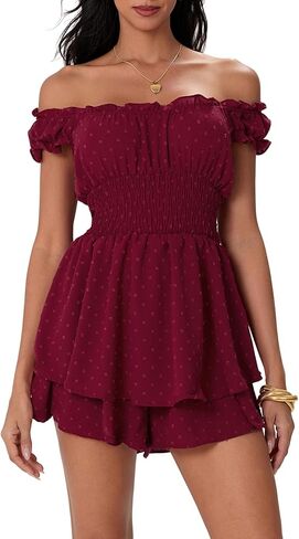 Women Pirate Romper Dress Flowy Ruffle Off-Shoulder Smocked Waist Party Dress with Shorts Jumpsuit Dresses in Kuwait