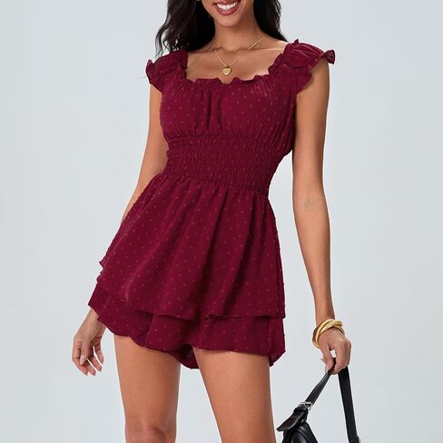 Women Pirate Romper Dress Flowy Ruffle Off-Shoulder Smocked Waist Party Dress with Shorts Jumpsuit Dresses in Kuwait