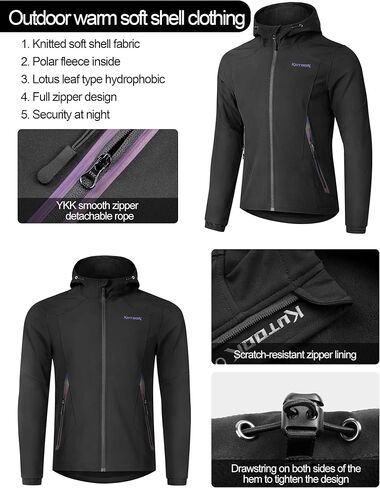 KUTOOK Men's Hooded Softshell Cycling Jacket Thermal Fleece Windbreaker Windproof Warm Jacket Outdoor Hiking in Kuwait