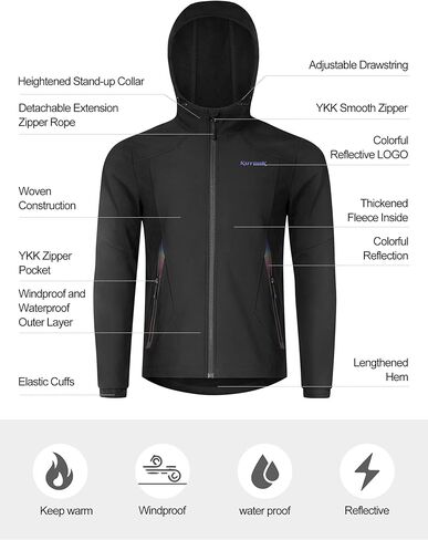 KUTOOK Men's Hooded Softshell Cycling Jacket Thermal Fleece Windbreaker Windproof Warm Jacket Outdoor Hiking in Kuwait