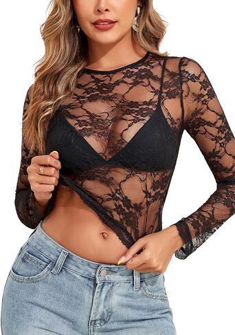 YYA قمصان نسائية شبكية دانتيل بأكمام طويلة وفتحة رقبة مستديرة ملابس ضيقة شفافة S-XXL in Kuwait