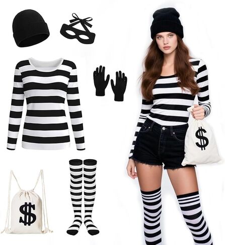 Robber Costume Men Women Halloween Cospaly,Burglar Striped T Shirt Beanie Cap Gloves Bags in Saudi Arabia