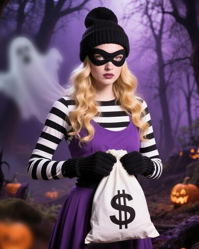 Robber Costume Men Women Halloween Cospaly,Burglar Striped T Shirt Beanie Cap Gloves Bags in Saudi Arabia
