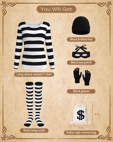Robber Costume Men Women Halloween Cospaly,Burglar Striped T Shirt Beanie Cap Gloves Bags in Saudi Arabia