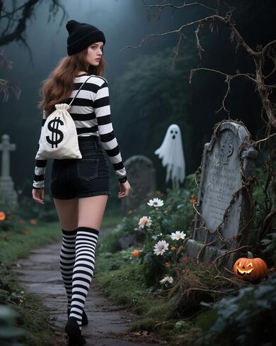 Robber Costume Men Women Halloween Cospaly,Burglar Striped T Shirt Beanie Cap Gloves Bags in Saudi Arabia