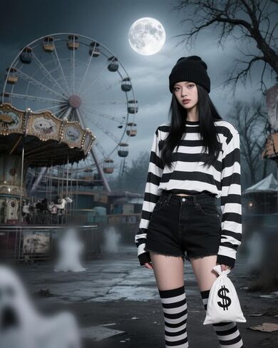 Robber Costume Men Women Halloween Cospaly,Burglar Striped T Shirt Beanie Cap Gloves Bags in Saudi Arabia
