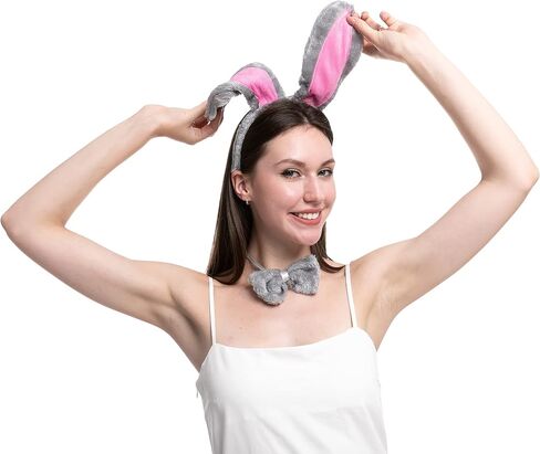 Spooktacular Creations 3 Pcs Halloween Grey Bunny Accessories Set,Rabbit Costume, Including Rabbit Bunny Ears Headband, Bow Tie and Tail for Women for Halloween Dress Up Parties,Theme Party Costumes in Saudi Arabia