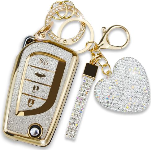 Key Fob Cover with Diamond Keychain for Toyota Car Key Shell Compatible with Avalon Camry Corolla Fortuner Highlander Levin Rav4 Sequoia Sienna Tacoma Tundra Yaris (4 Buttons-Gold Heart) in Saudi Arabia