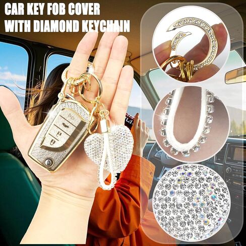 Key Fob Cover with Diamond Keychain for Toyota Car Key Shell Compatible with Avalon Camry Corolla Fortuner Highlander Levin Rav4 Sequoia Sienna Tacoma Tundra Yaris (4 Buttons-Gold Heart) in Saudi Arabia