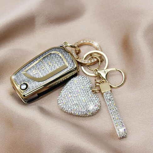 Key Fob Cover with Diamond Keychain for Toyota Car Key Shell Compatible with Avalon Camry Corolla Fortuner Highlander Levin Rav4 Sequoia Sienna Tacoma Tundra Yaris (4 Buttons-Gold Heart) in Saudi Arabia